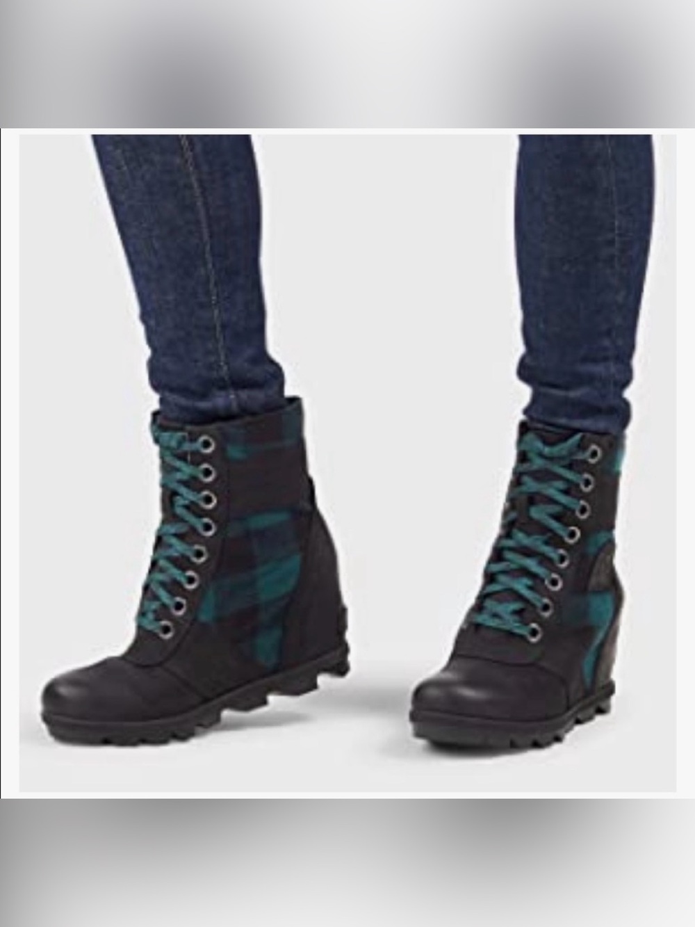 Sorel Black and Teal Plaid Lace-Up Wedge Ankle Boots